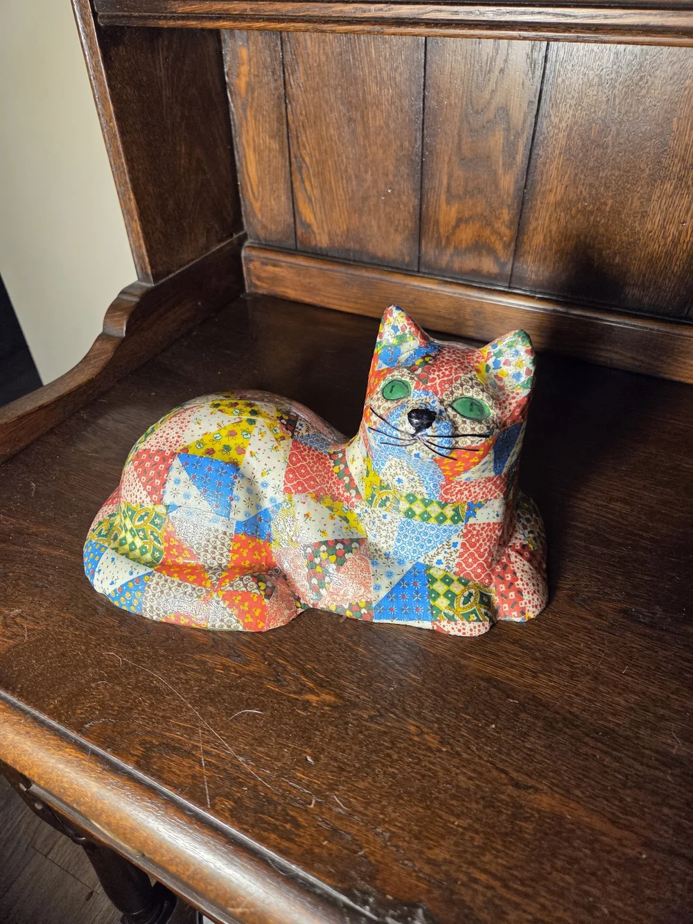 Vintage Multicolor Patchwork Cat Figurine